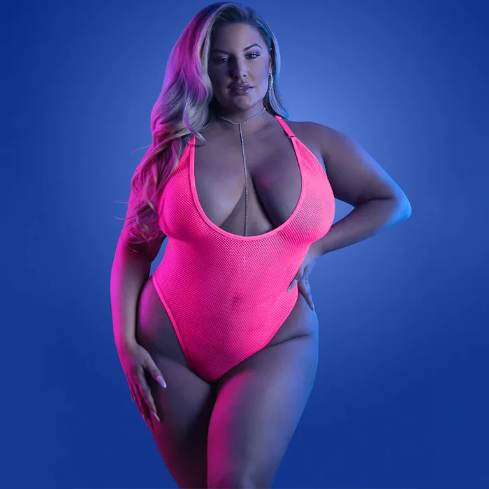 Fantasy Lingerie Male Sex Toys Fantasy Lingerie Glow Electric Haze Plunging Net Thong Teddy Curvy